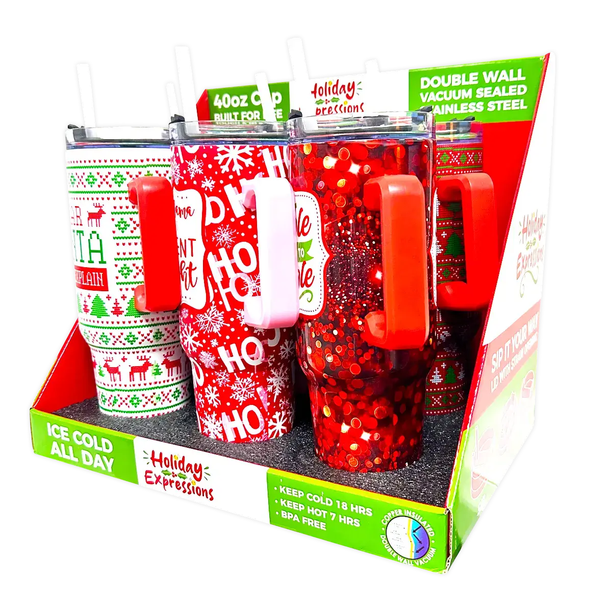 Holiday Insulated 40 oz Cup with Handle Christmas Assortment: Wholesale Price