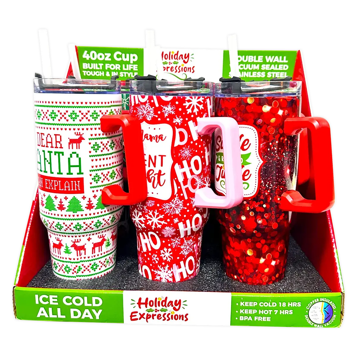 Holiday Insulated 40 oz Cup with Handle Christmas Assortment: Wholesale Price
