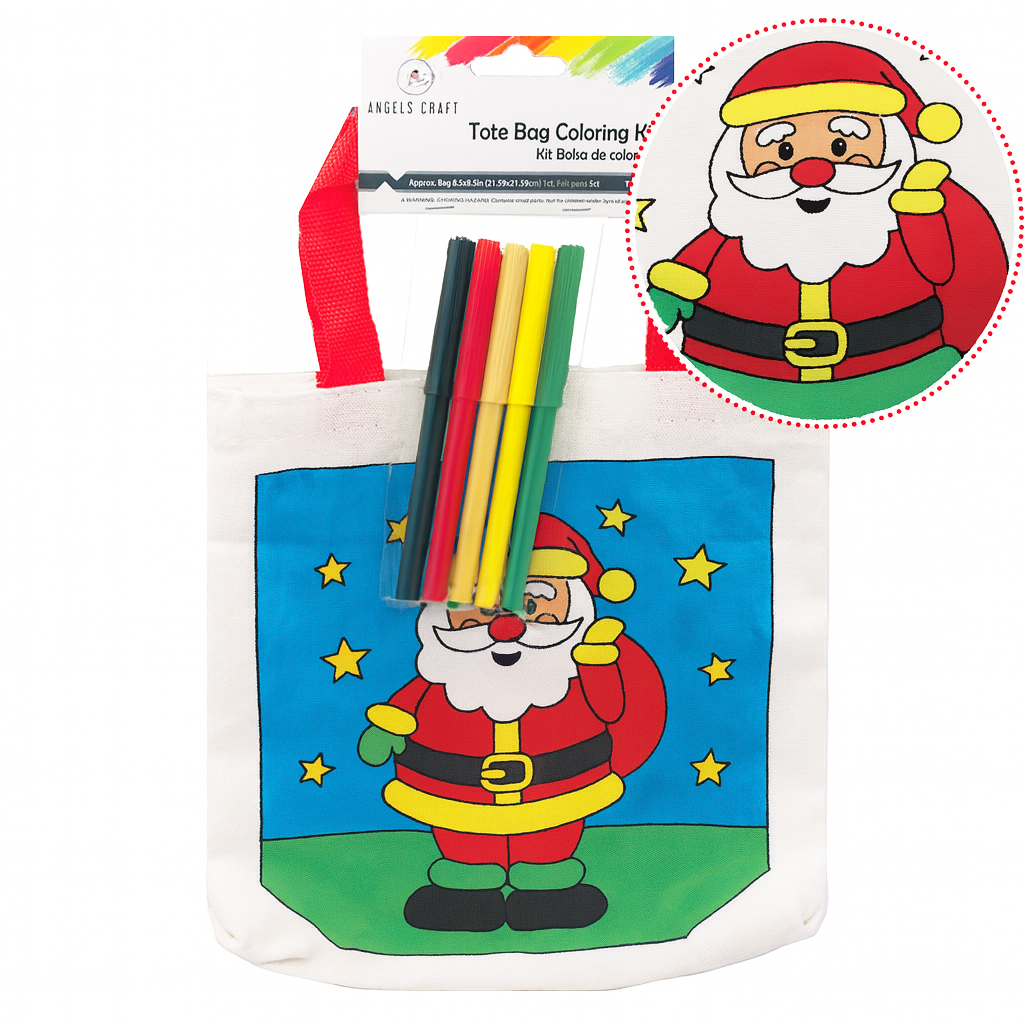 Christmas Tote Bag Coloring Kit – 8.5"x8.5", 5 Markers