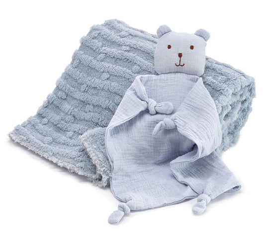 BABY BLUE BEAR TOWEL AND BLANKET SET