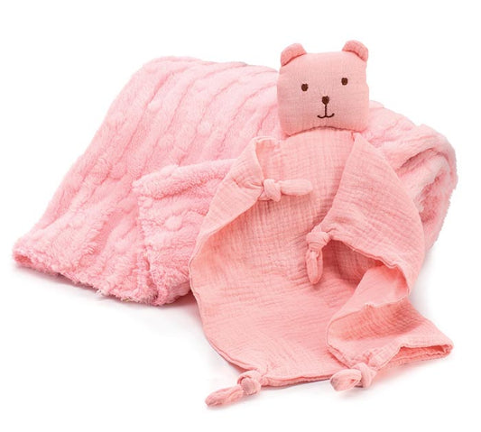 BABY GIFT SET PINK BEAR TOWEL AND BLANKET